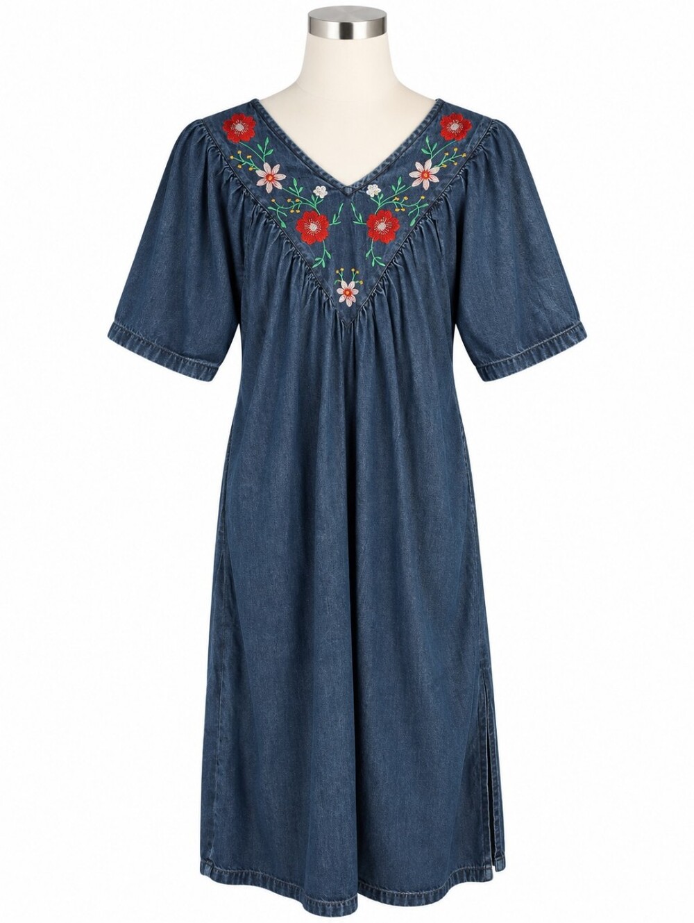Country Store Women's Embroidered Blue Denim Patio House Dress Sz M Grandmacore